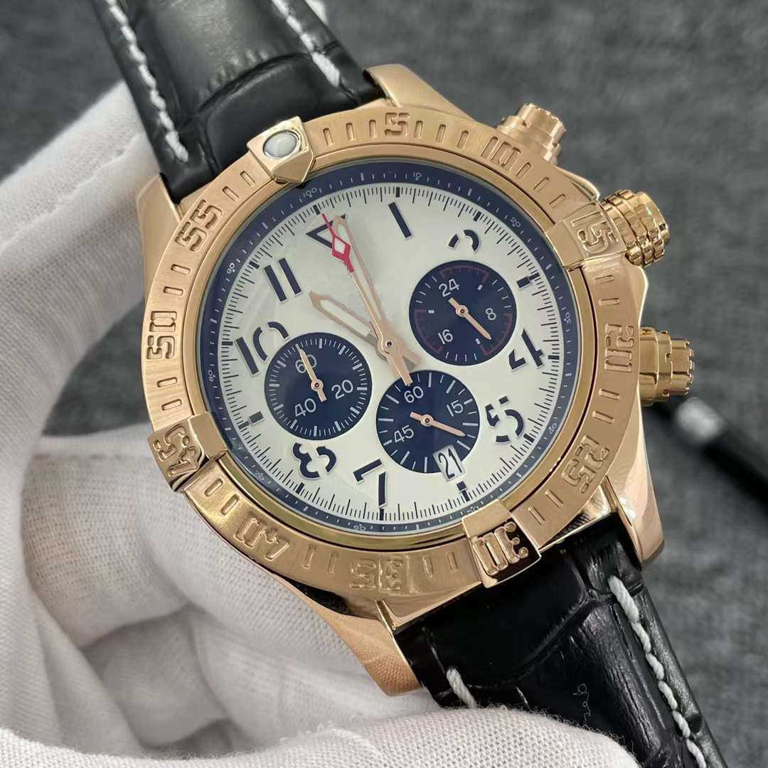 

Luxury Mens Watch Silver Dial Japan Super Quartz Chronograph 45mm Avenger Hurricane SEA Leather Strap 1884 Yellow Gold Steel Case Hardlex