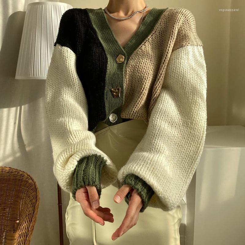

Women's Knits 2022 Women Autumn Winter V Neck Knitted Patchwork Cardigan Sweater Single Breasted Full Sleeve Loose Crochet Outerwear, Green