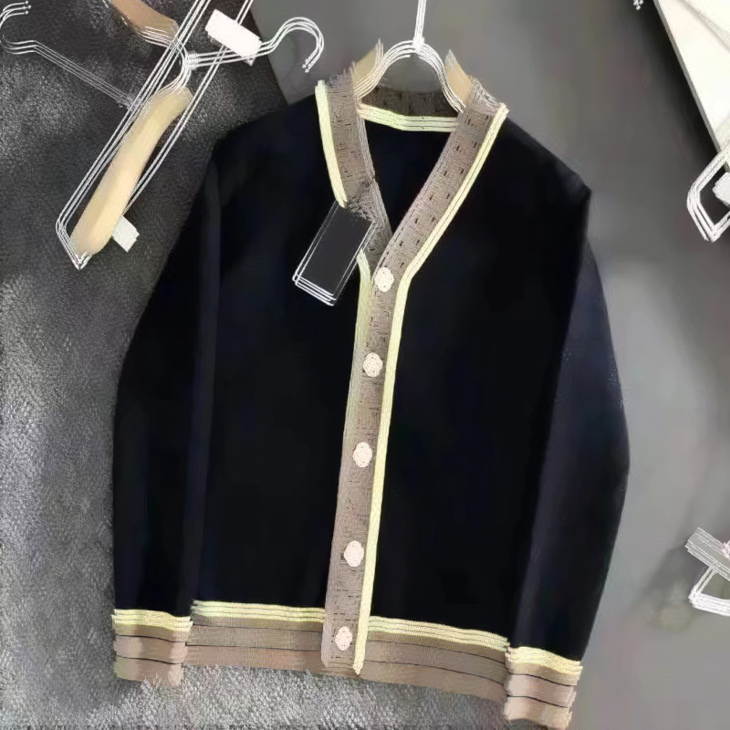 

E60 Winter Fall Women Brand Designer Letter Pattern Cardigan Sweater Coat Wool Blended Woman Knitwear Ladies Knitted Top V-Neck Long Sleeve, Black