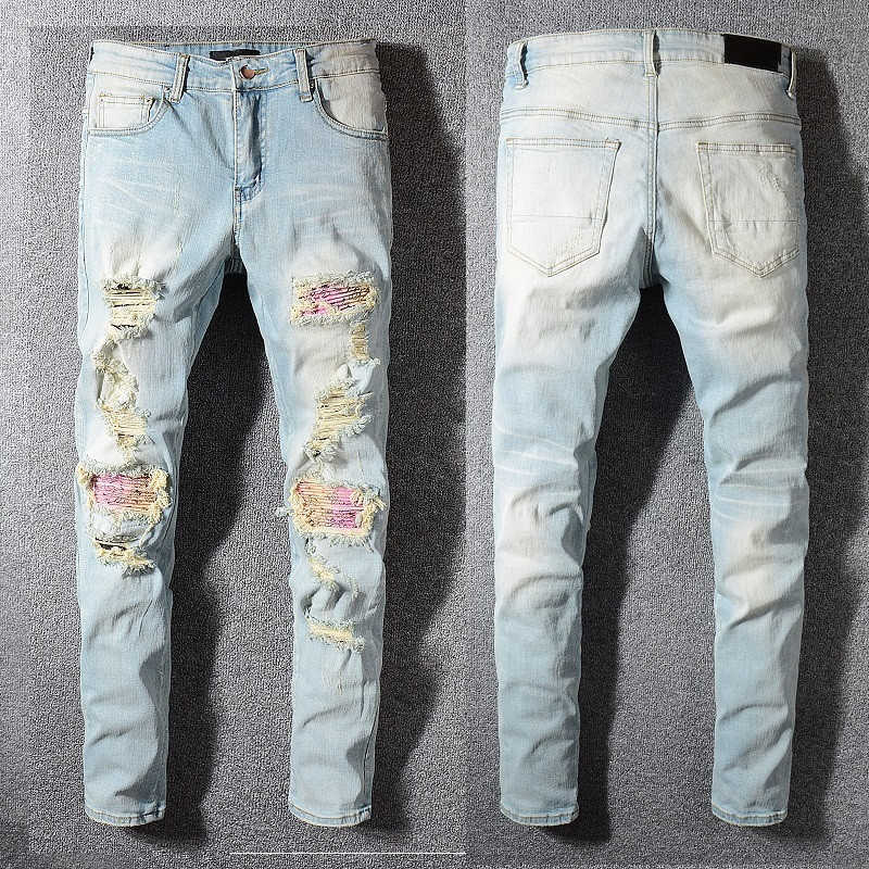 

Designer Jeans For Man Skinny Slim Fit Light Blue Kee Ripped Denim Distress Biker with Hole Red Patches Tapered Straight Softener Cult, 589