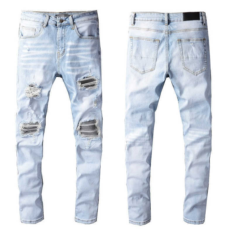 

Man Skinny Fits Jeans Denim Knee Ripped with Hole Slim for Mens Light Blue Biker Moto Straight Leg Classic Designer Damaged Fashion Patches, 699