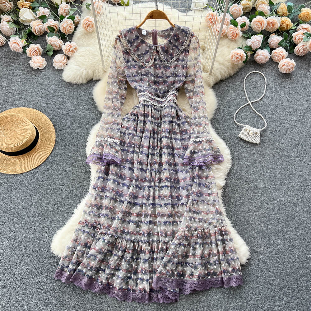 

Spring new heavy industry mesh dress lapel long sleeve ins sweet temperament princess fairy long skirt, Purple