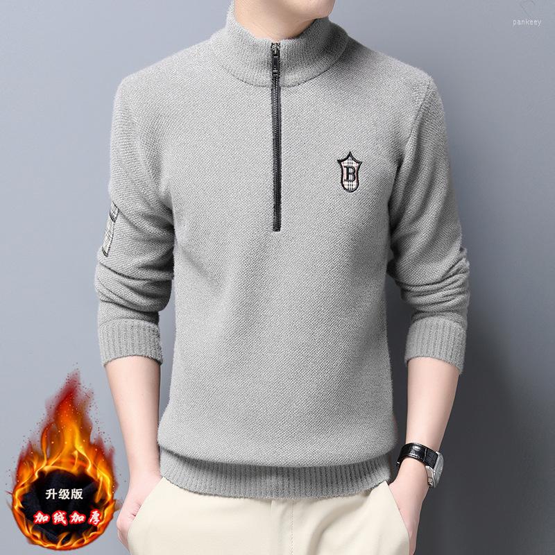 

Men's Sweaters Autumn Winter Fleece Men's Sweater Fashion Korean Style Stand-up Collar Zipper Pullover Warm Chenille Velvet Base, Black