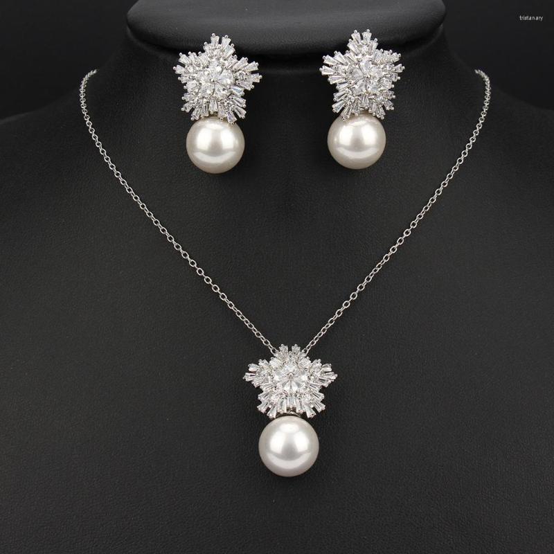 

Necklace Earrings Set AMC Korea Pearl Stud Earring Zircon Jewelry Silver Color Bridal Wedding Party Accessories Gifts For Women, Picture shown
