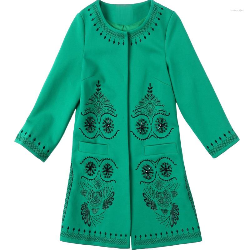 

Women's Trench Coats Quality Women Long Coat 2022 Autumn Winter Overcoat Female Hand Made Beading Embroidery Wide-Waisted Outwear, Green