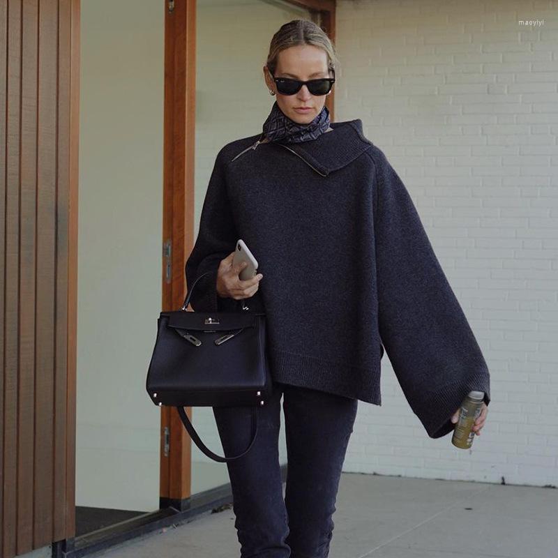 

Women's Sweaters Side Collar And Diagonal Zipper Cashmere Sweater Loose Fit Temperament Knitted Top Women, Black