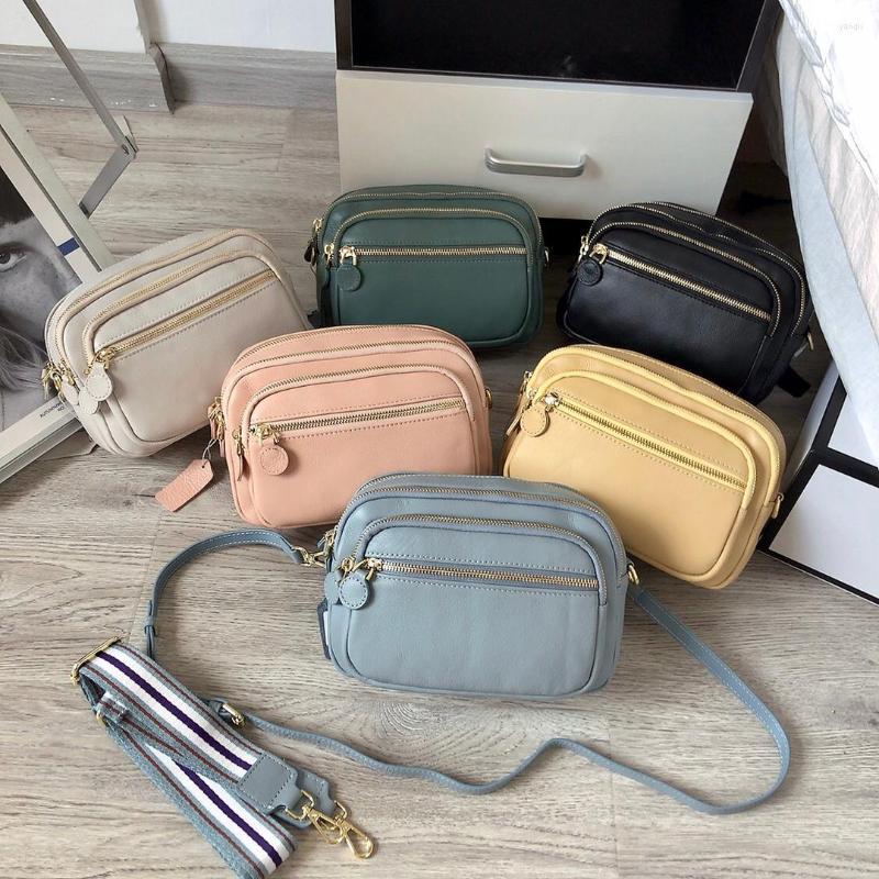

Evening Bags Two Straps Shoulder For Women Genuine Leather Messenger Many Compartments Zipper Fashion Causel Daily Purse, Black