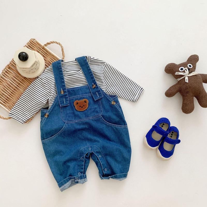 

Clothing Sets 2022 Autumn Baby Girl Clothes Set Cute Bear Head Embroidery Denim Overalls And Striped Cotton T Shirt Infant Boys Suit, 1pcs striped t shirt