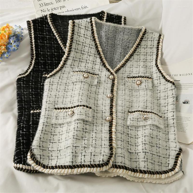 

Women's Vests Korean Fashion Plaid Vest Women Knitted Sweater Sleeveless Waistcoat Autumn Winter Outwear Chalecos Para Mujer, Black