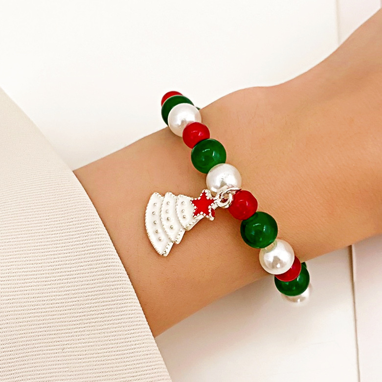 

Colorful Pearl Beaded Bracelets for Women Christmas Party Jewelry Gifts with Enamel Xmas Tree Pendant
