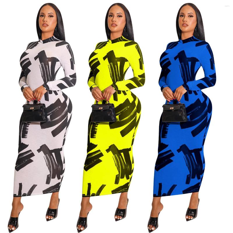 

Casual Dresses Autumn Long Sleeve Dress Women Turtleneck Bodycon Maxi Sundress Fashion Printed Elegant Streetwear Party Clubwear, Blue