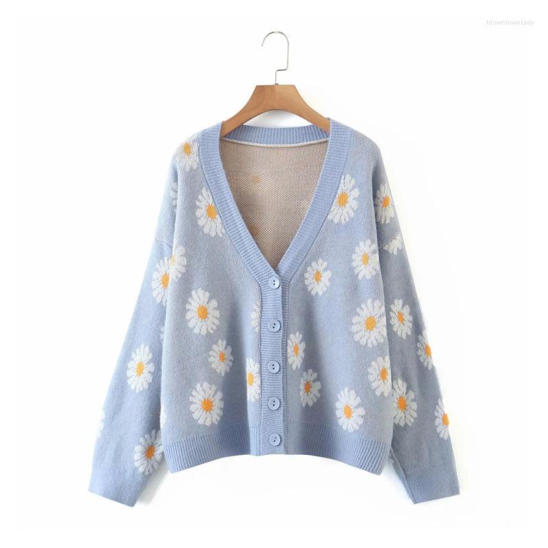 

Women's Knits Sweet Button Down Sweater Cardigan Loose Knit Coat Chic Autumn Spring Casual Long Sleeve Women V Neck Floral Fashion Outerwear, Shenlan
