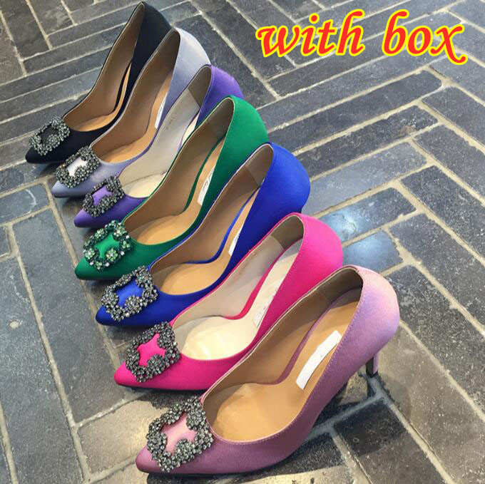 

Designer Shoes High Heel Wedding Shoes 6cm 8cm 10cm Thin Heels Silk Shiny Metal Square Buckle Pointed Toe Blue Black Red Women Pumps 34-42 with Box, Same picture