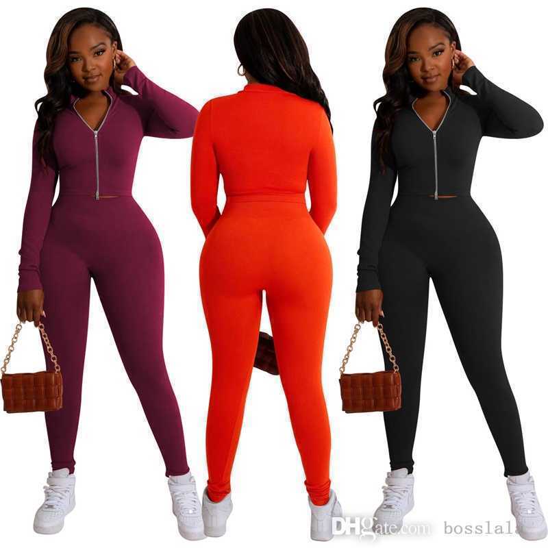 

Womens Jacket Tracksuits New Solid Double Zipper Pit Strip Two Piece Sportswear Fall Winter Jogger Set, Orange