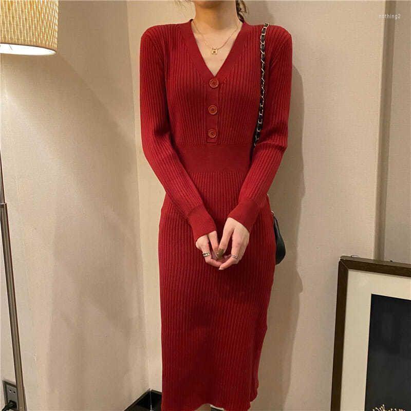 

Casual Dresses Spring And Autumn Ladies Bag Hip Dress Temperament Self-cultivation Over-the-knee Knitted Outer Wear Base, Wine red