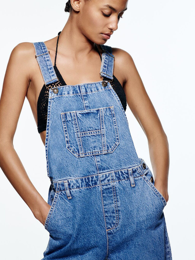 

Women' Jeans spring women' all match straight collar long adjustable wide straps casual denim overalls jumpsuit 221011, Medium blue