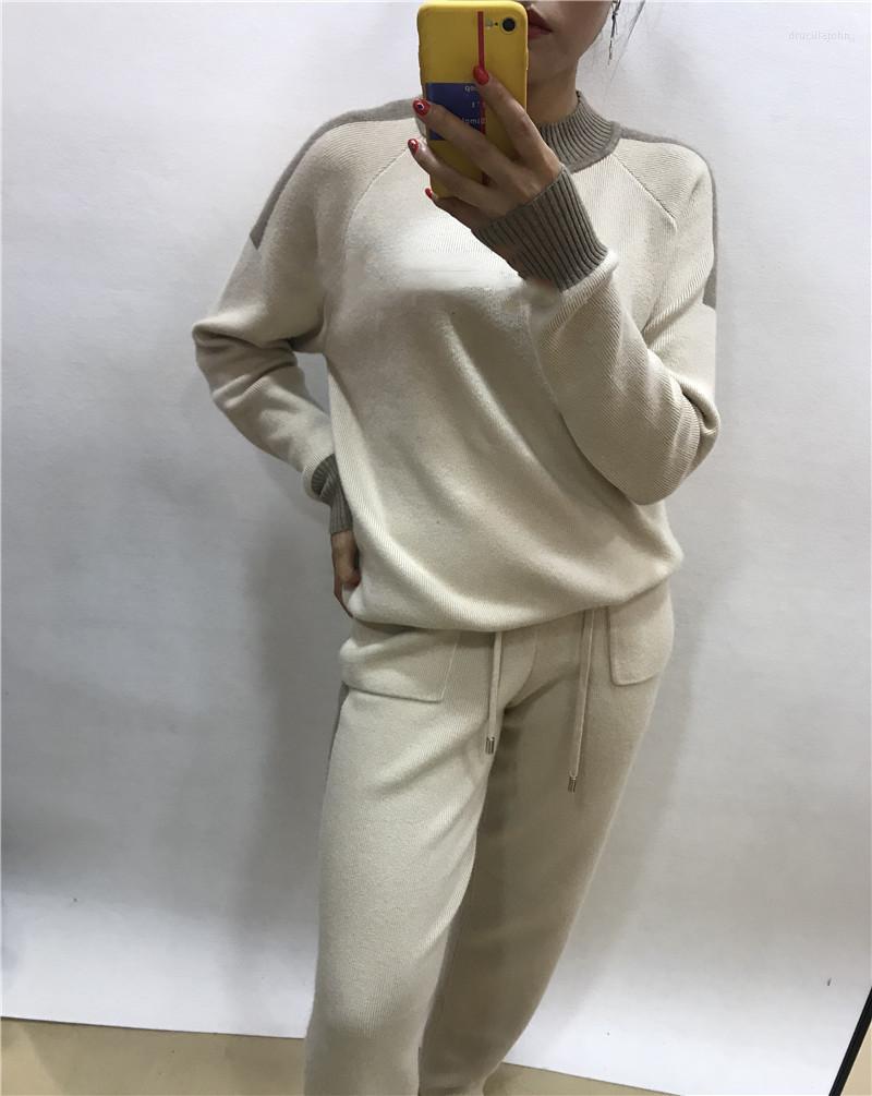 

Women' Two Piece Pants 2022 Wool Bamboo Fiber Full O-neck Drawstring Women Outfits Fashion Knit Cashmere Set Casual Top And, Beige