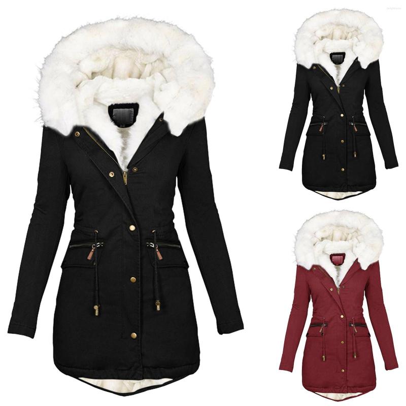 

Women' Down Winter Women Jackets White Fur Collar Fleece Mid-Length Cotton Coats Hooded Warm Plus Velvet Overcoat Jacket Parkas, We
