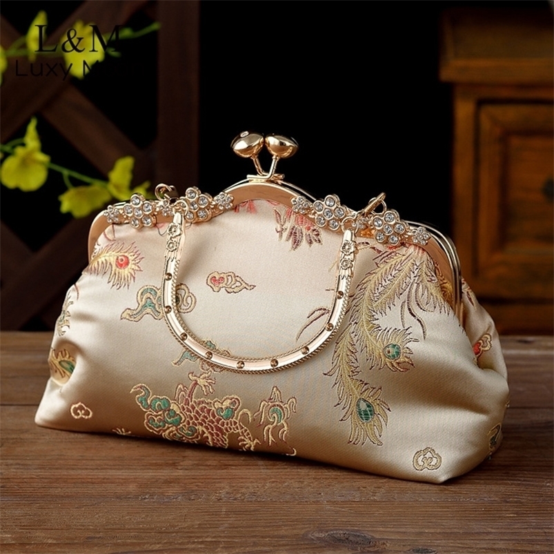 

Evening Bags Vintage Embroidery Clutch Handbag Women Solid Satin Diamond Evening Bag Elegant Female Dinner Chain Messenger Bag Purse X376H 221010, Black a