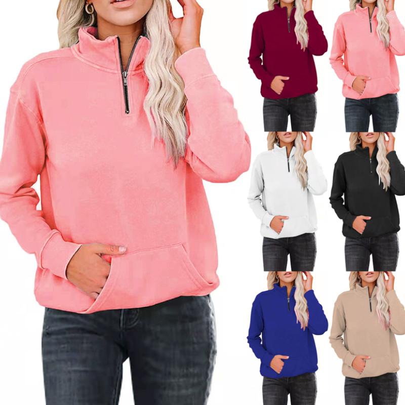 

Women' Hoodies Women Fall Sweatshirt Solid Color Quarter-Zip Stand-Neck Long Sleeves Pullover Shirt With Pocket For Girls 6 Colors