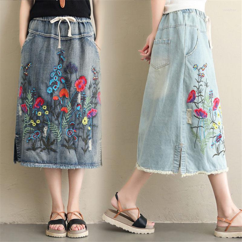 

Skirts 2022 Large Size Women Fashion Loose Casual Elastic Waist Jeans Vintage Embroidered Denim Skirt PP003, Light blue