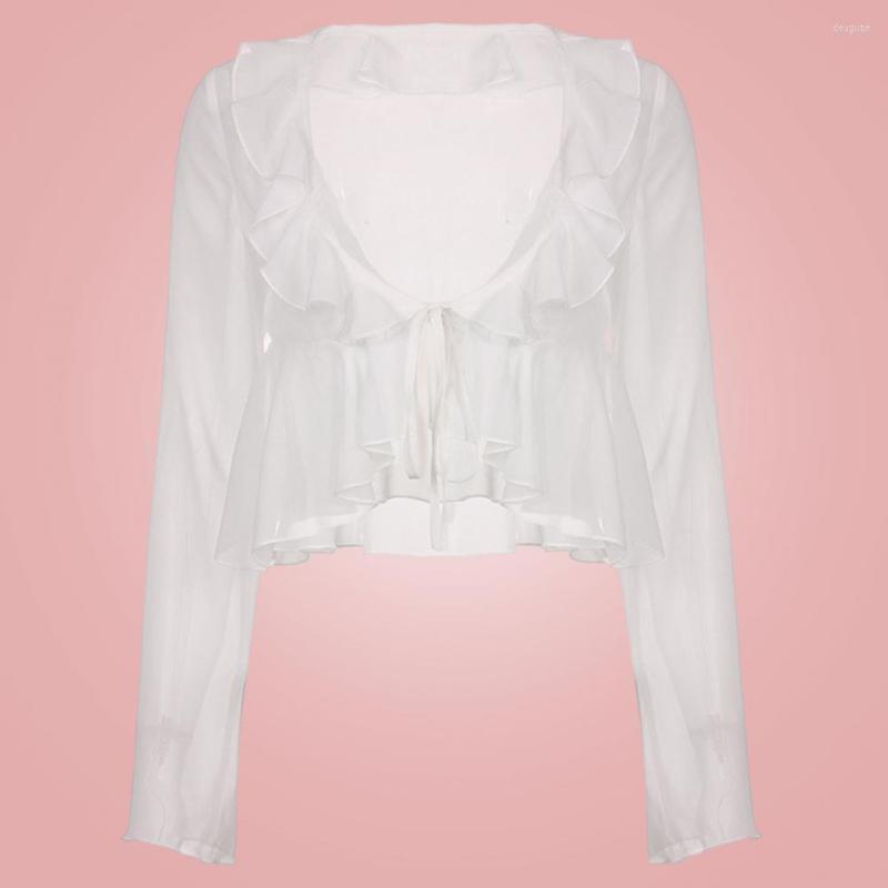 

Women' Blouses Trendy Crop Cardigan Ruffle Trim Stretchy Summer Shirt Women Sexy See-through Top, White