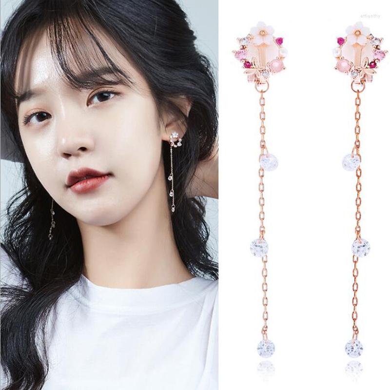 

Backs Earrings GRACE JUN Korean Lovely Flower Long Tassel Clip On Earings Cubic Zircon Non Pierced Earring Brincos Pendentes Wholesale