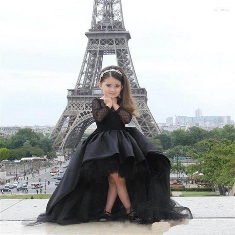 

Girl Dresses Black Hi Lo Flower For Girls Jewel Long Sleeve Pageant Teens Kids Formal Wear Party Communion, Beige