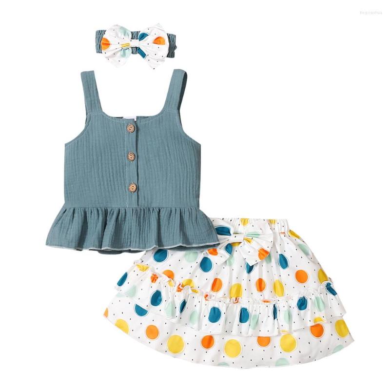 

Clothing Sets Infant Born Baby Girls 3Pcs Set Clothes Sleeveless Ruffled Vest Tops Bowknot Dots Skirts Headband Summer Outfits, Picture shown