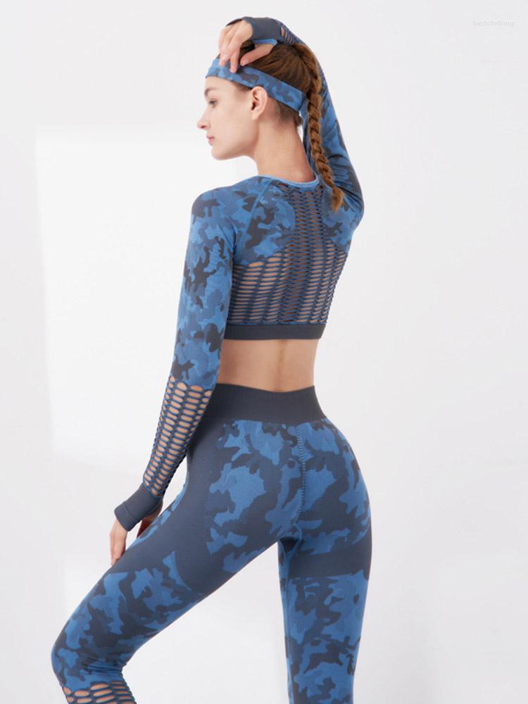 

Active Sets Seamless Yoga Set Camouflage Hollow-out Clothes Gym Leggings Breathable Sportswear Long-sleeved Fitness Suit Women