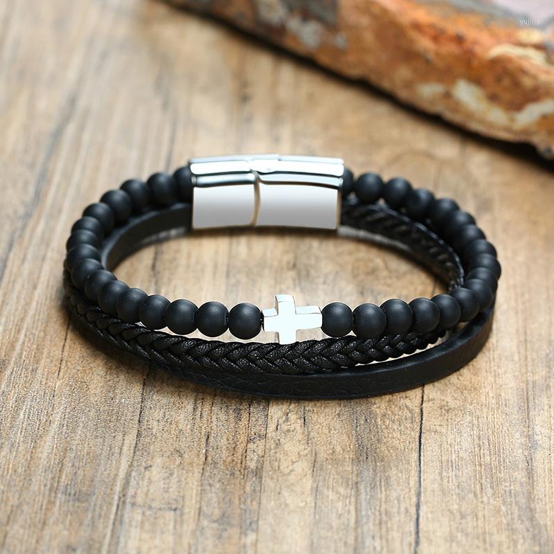 

Link Bracelets Men Leather Braided Bracelet With Cross Black Beaded Multi-layer Wristband Mens Jewelry