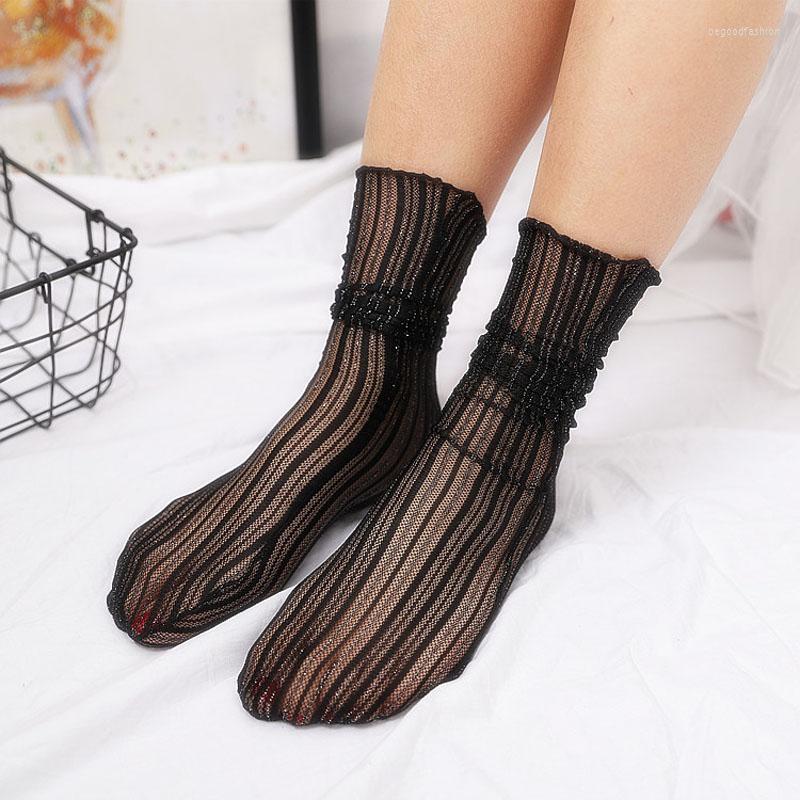 

Women Socks Sexy Female Stockings Spring And Summer Retro Girl Silver Silk Vertical Stripes Ultra-Thin Mesh Yarn Cute Sweet, Black