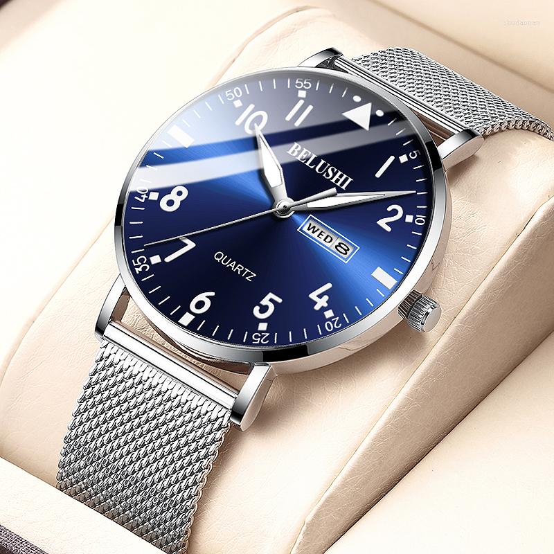 

Wristwatches 2022 Ultra-thin Mesh Strap Week Calendar Men's Watches Business Waterproof Luminous Hands Quartz Wrist Male Clock