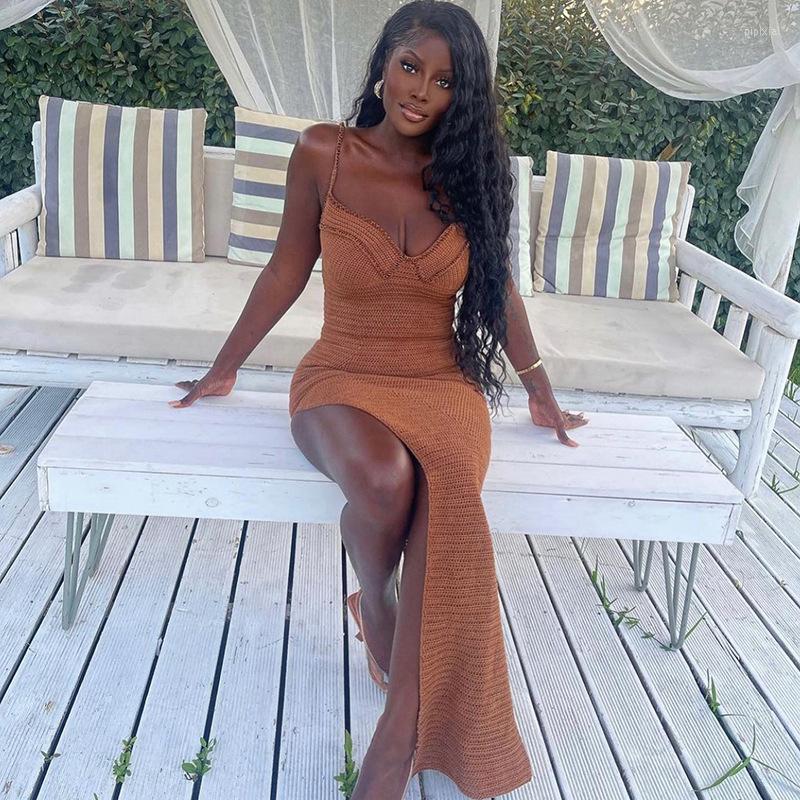 

Casual Dresses Wishyear 2022 Sexy Autum For Woman Irregular High Slit Maxi Birthday Party Evening Gown Brown Knit Elegant Dress