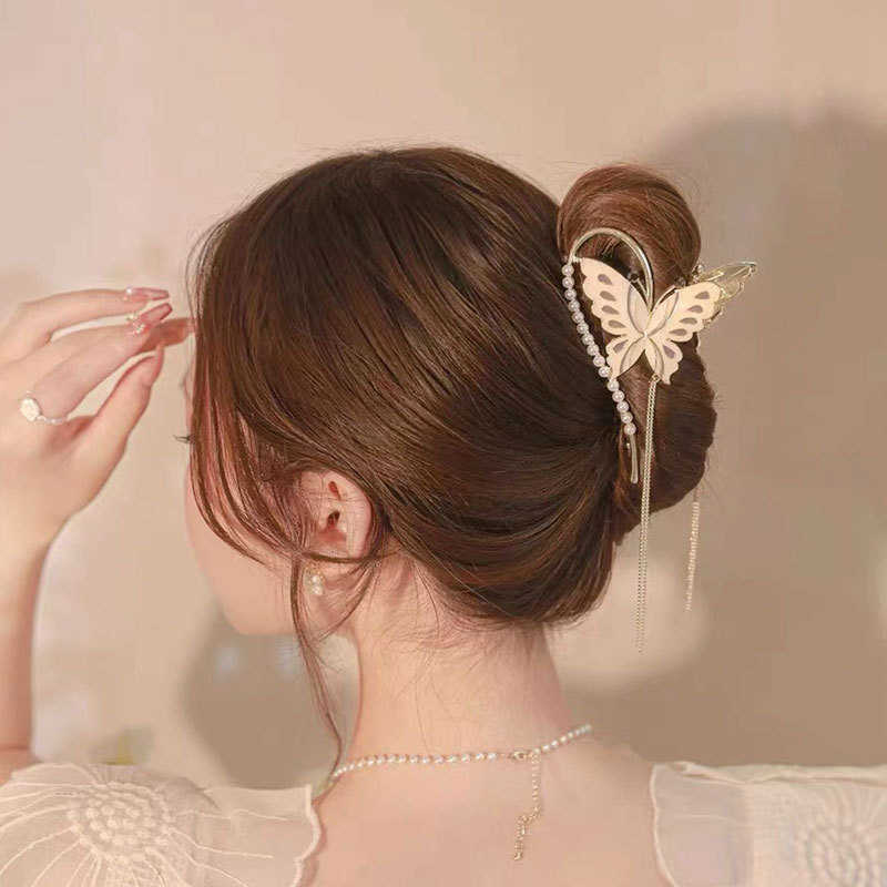 

Hair Clips Chinese style pearl butterfly large clip for autumn advanced hairpin with more hair back head and tassel shark