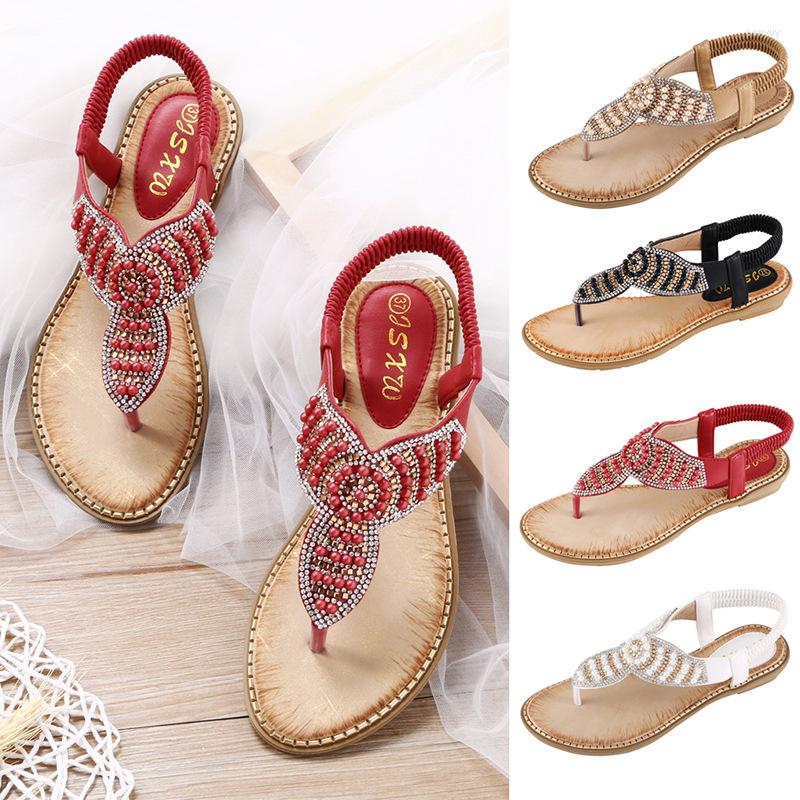 

Sandals Summer Fashion Women Bling Rhinestone Elastic Band Low Heel Crystal Luxury Bohemian Style Shoes Flat With, White