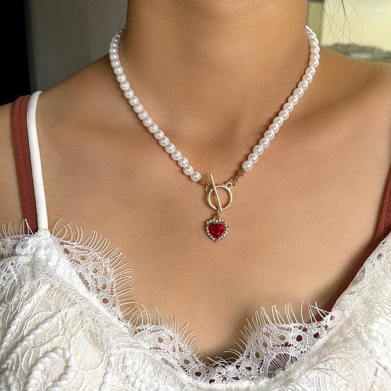 

Choker Korean Crystal Heart Pendant Pearl Beaded Necklace For Women Shiny Rhinestone Shaped Valentine Jewlery