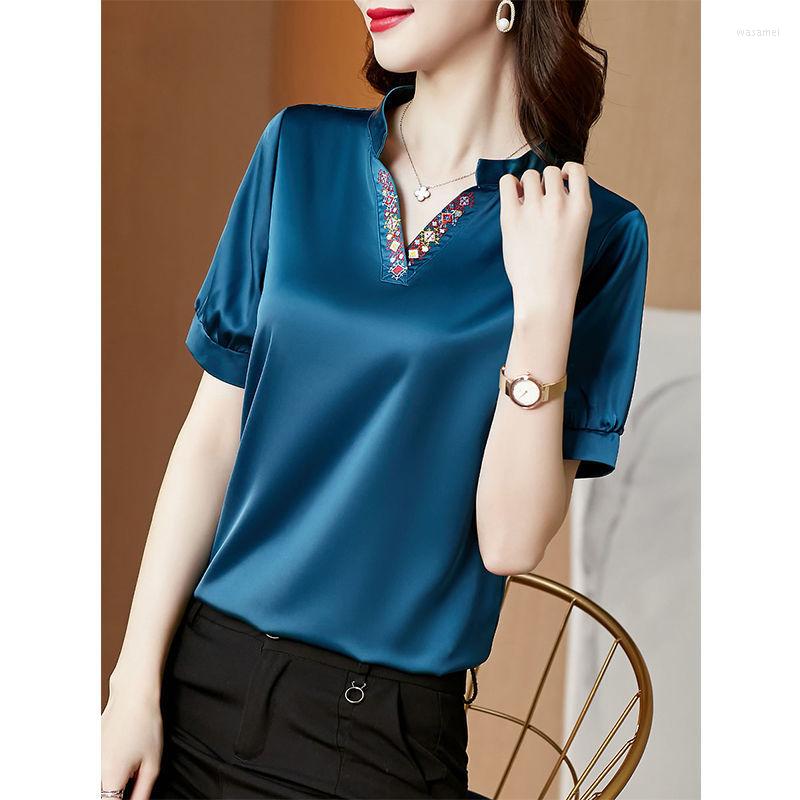 

Women's Blouses Women Blouse T-shirt Women's Short Sleeve 2022 Summer V-neck Loose Top Blusas Mujer De Moda, Blue