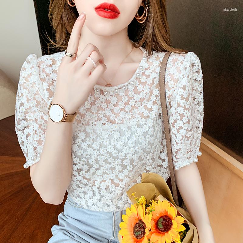 

Women' Blouses 2022 Fashion Bubble Sleeve Round Neck Pearl Lace Shirt Top Transparent Printed Thin Blouse Korean Women Base Pullover, Pink