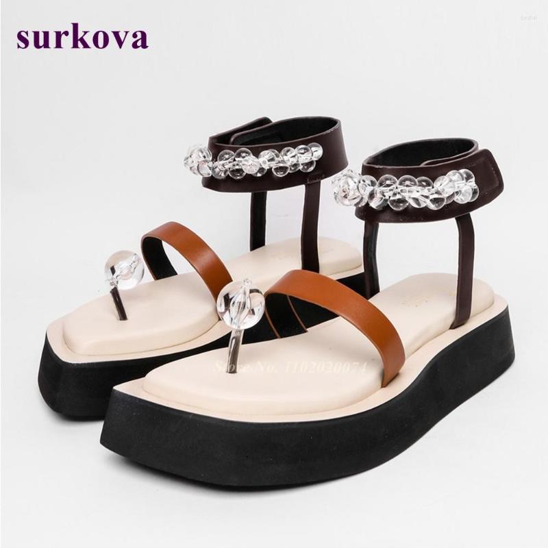 

Dress Shoes Flat Thong Sandals Women's Simple Fashion Roman Platform Crystal Hook And Loop Mixed Color Leather One Strap Women, Black