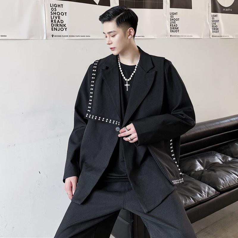 

Men's Suits Chic Fashion Asymmetric Design Rivet Decoration Blazers Notched Single Button Streetwear Suit Jacket 2022 Spring Winter, Black