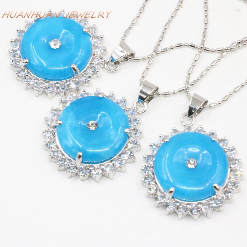 

Pendant Necklaces 27mm Flat Round For Women Blue Natural Jades Stone Pendants Silver-Color Stainless Steel Chain Necklace Jewelry B3354
