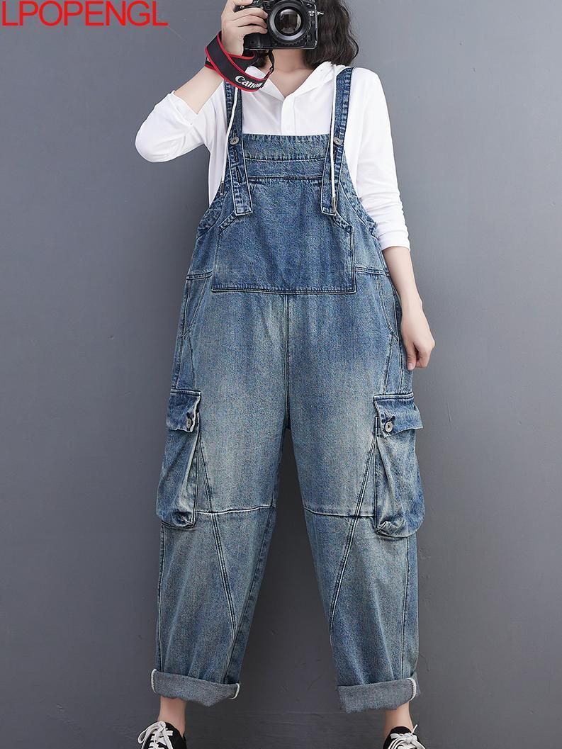 

Women's Jeans Fashion Denim Overalls Autumn Loose Casual All match Do Old Multi pocket Patchwork Sleeveless Vintage Jumpsuit 221011, Blue