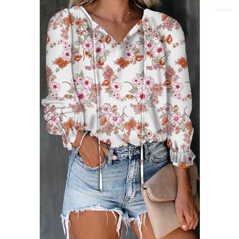 

Women' Blouses Summer Autumn Floral Print Women Casual V Neck Drawstring Flare Long Sleeves Pullover Office Lady Tunic Blouse, Oceangreen