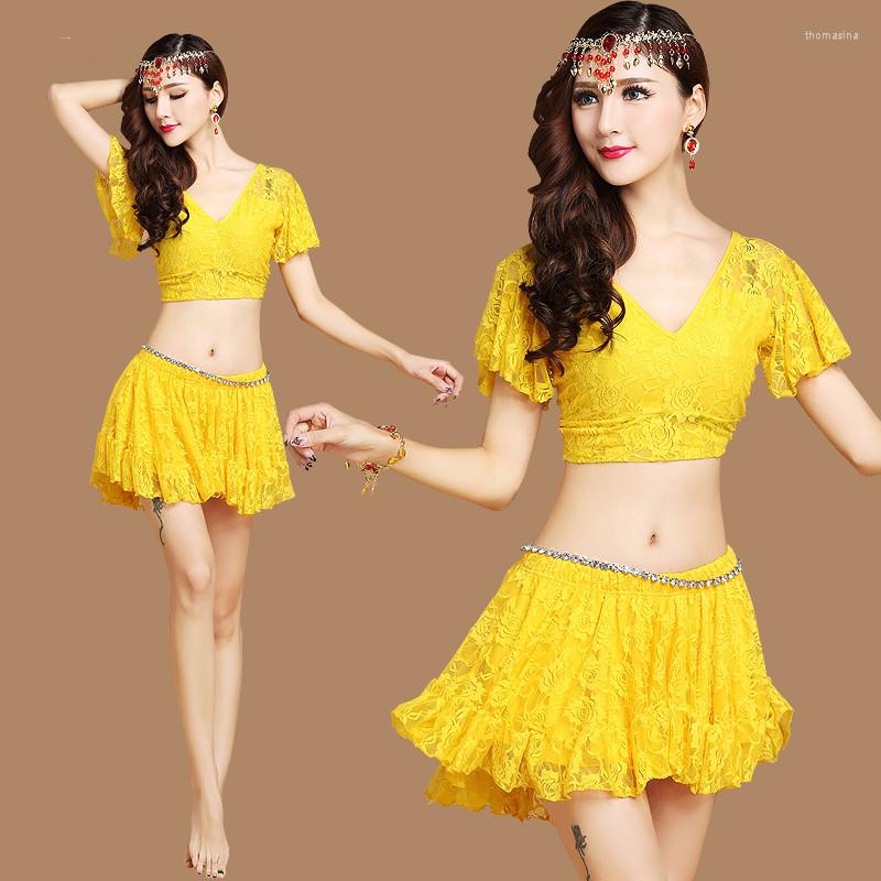 

Stage Wear 2022 Short-sleeved V-neck Belly Dance Set Milk Silk Costumes Women For Dancer's Clothing 6 Colors, Rose red 2pcs