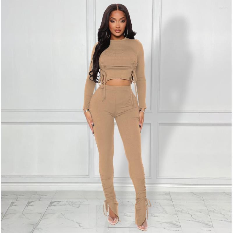 

Women' Two Piece Pants Women' Rib Knit Drawstring Irregular 2 Outfit Crew Neck Long Sleeve Crop Top Side Split High Waist Solid Color, Black