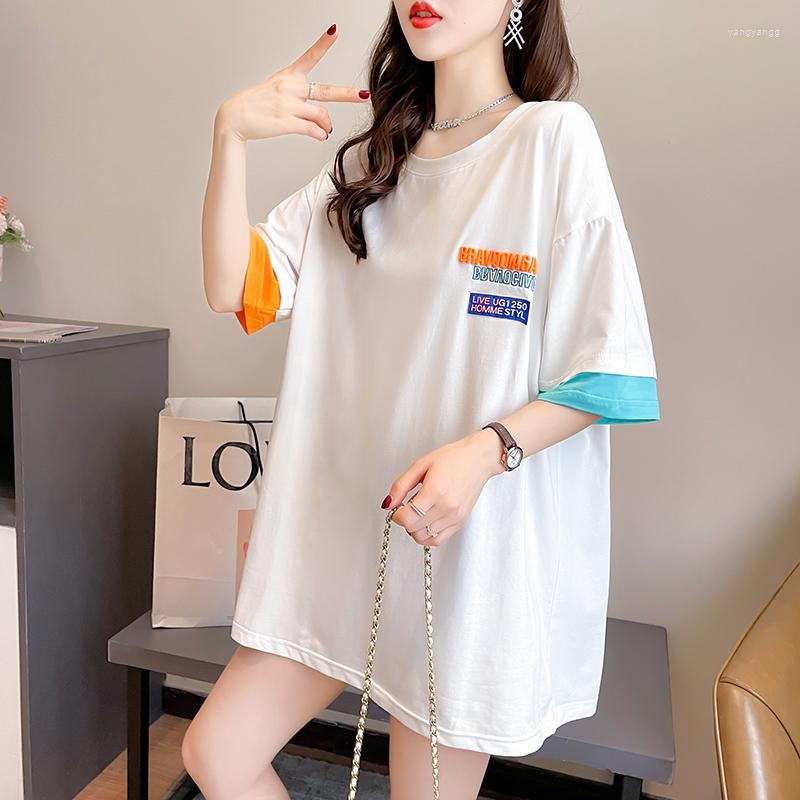 

Women's T Shirts Summer Letter Printing Color Matching Fake Two-piece Short-sleeved T-shirt Round Neck Mid-length College Style Female, Black