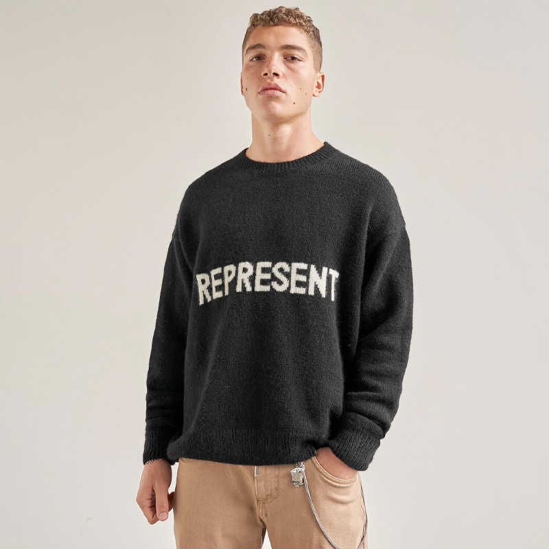 

Mens Designer Hoodie fog Sweatshirt Women Hoodies Pullover Casual Sweater High street fashion brand REPRESENT letter jacquard knit round nec, Gray