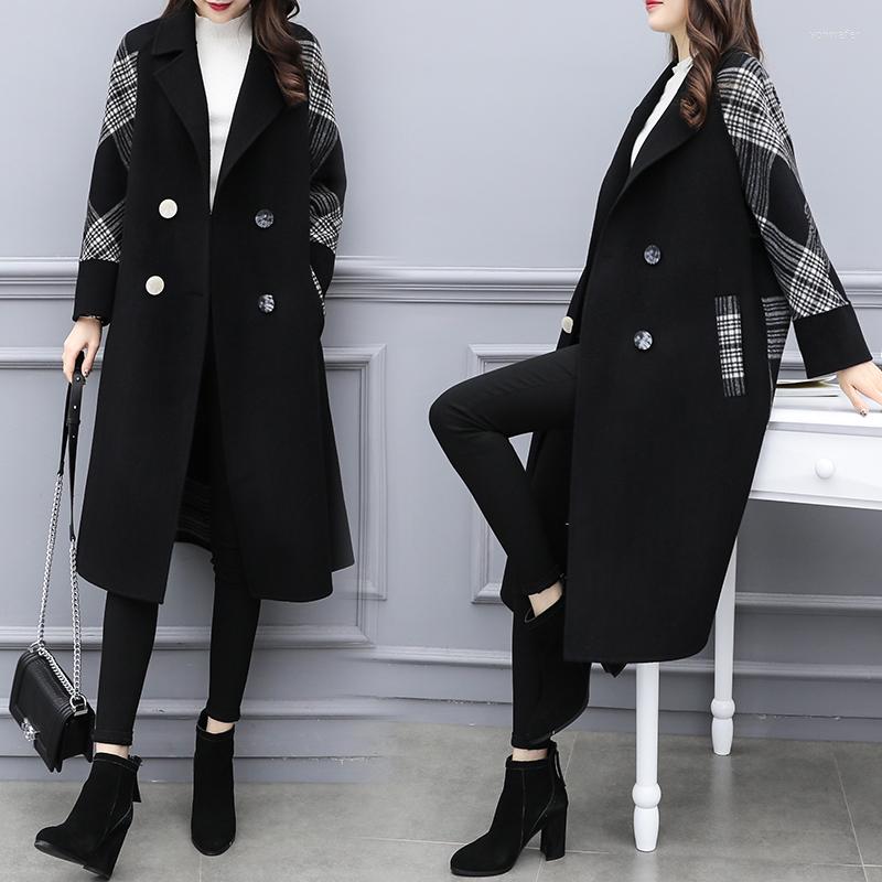 

Women' Trench Coats Black Plaid Stitching Long Wind Coat Clothes Female Autumn Winter Woolen Women' Windbreaker Casaco Feminino, As photo