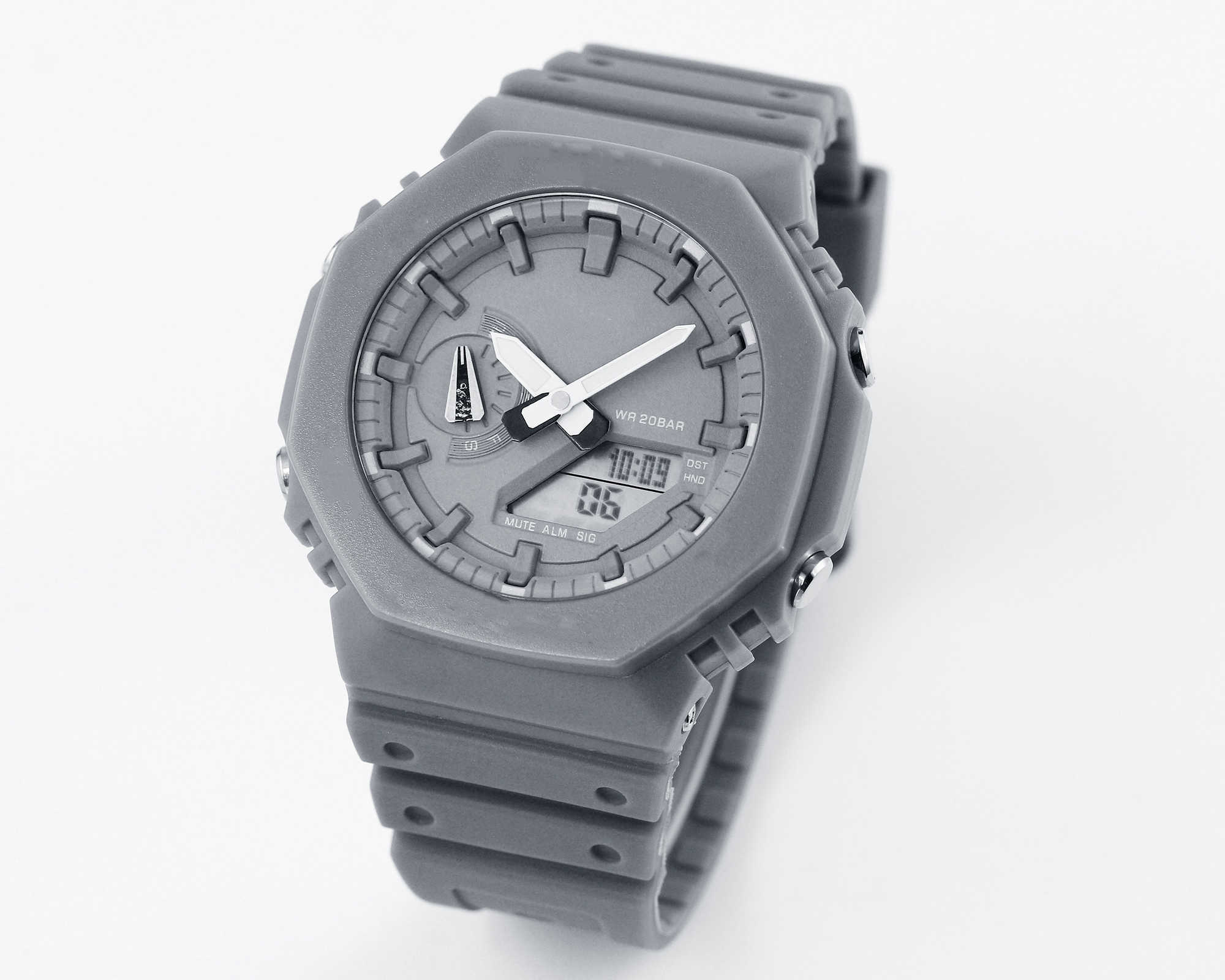 

Grey Sport Quartz Digital Men's 2100 Watch High Quality All Hands Operable LED World Time Water Resistant PU Oak Collection